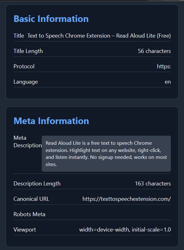 Smart SEO Checker extension demo showing SEO analysis interface